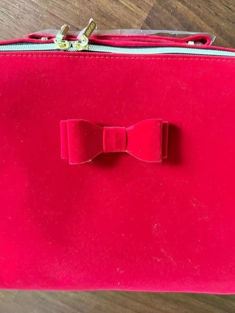 Estée Lauder Red Velvet Bow Cosmetic Train Case Makeup Travel Bag Gold Zip